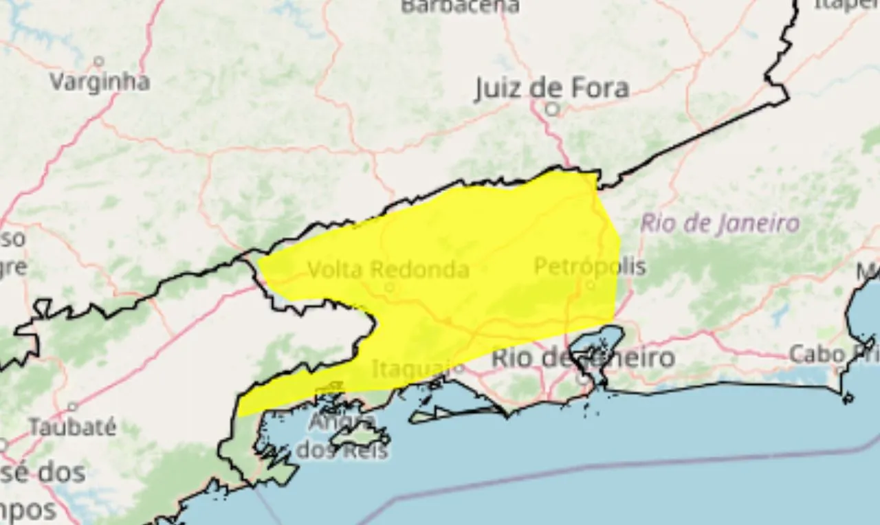 Trata-se de uma alerta amarelo para vendaval em Minas Gerais, Rio de Janeiro e São Paulo